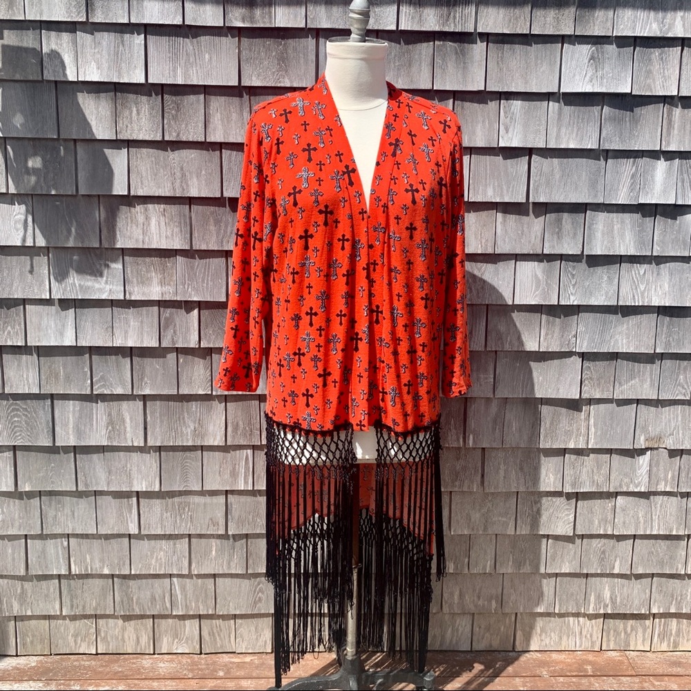 Fun L+ B kimono cross 2X duster with fringe NWT
